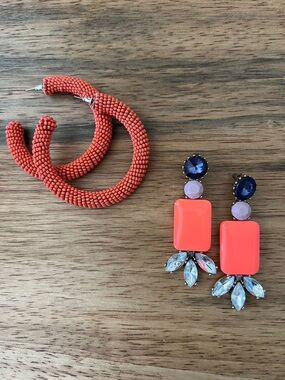 J. Crew Coral Beaded Hoop and Coral Drop Earring Set with Navy & Crystal Accents